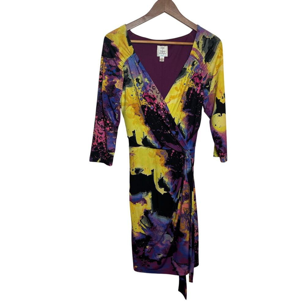 Suzi Chin for Maggy Boutique Size 8 Purple Abstract Print Faux Wrap Dress